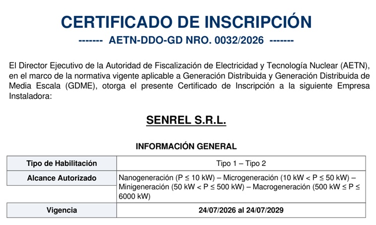 Certificado de Inscripción AETN-DDO-GD Nro. 0032/2026 — SENREL S.R.L.